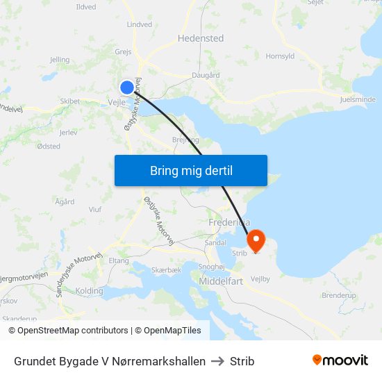 Grundet Bygade V Nørremarkshallen to Strib map