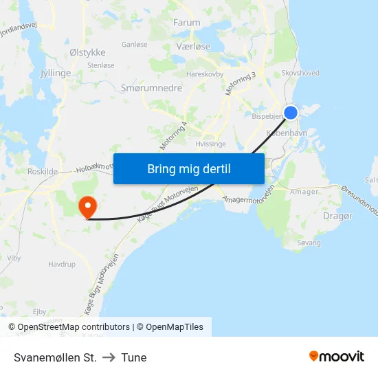 Svanemøllen St. to Tune map
