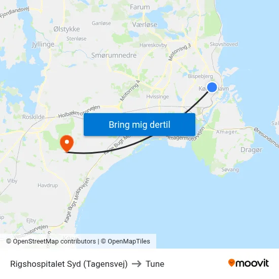 Rigshospitalet Syd (Tagensvej) to Tune map