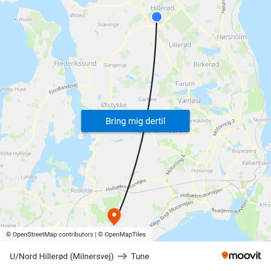 U/Nord Hillerød (Milnersvej) to Tune map