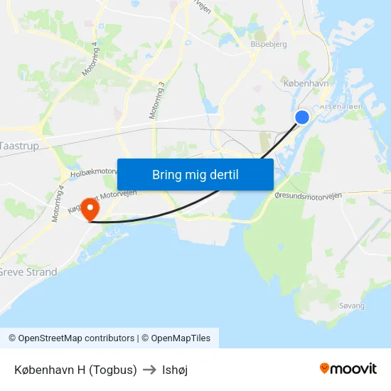København H (Togbus) to Ishøj map