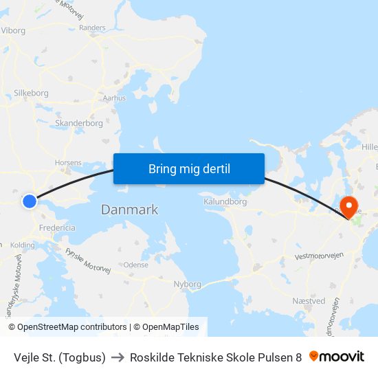 Vejle St. (Togbus) to Roskilde Tekniske Skole Pulsen 8 map