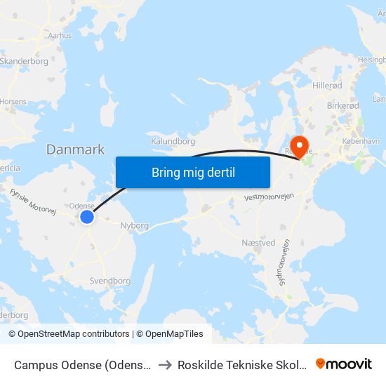 Campus Odense (Odense Letbane) to Roskilde Tekniske Skole Pulsen 8 map