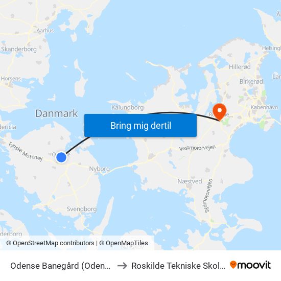 Odense Banegård (Odense Letbane) to Roskilde Tekniske Skole Pulsen 8 map