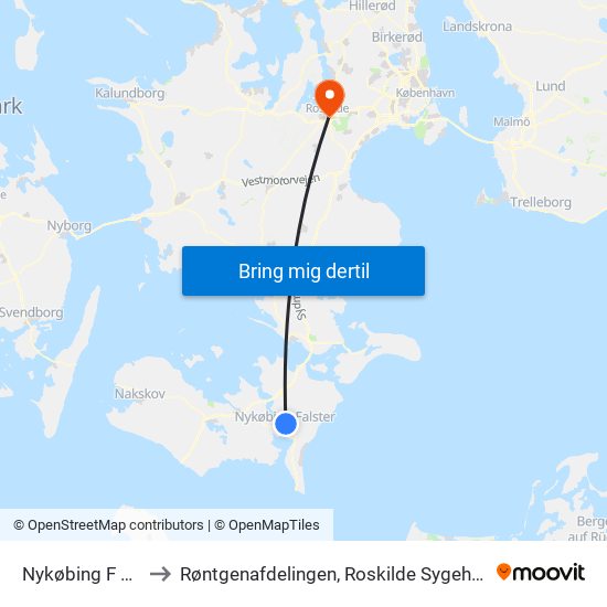 Nykøbing F St. to Røntgenafdelingen, Roskilde Sygehus map