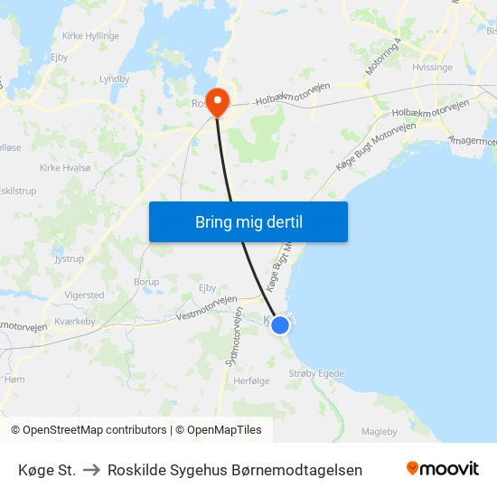 Køge St. to Roskilde Sygehus Børnemodtagelsen map