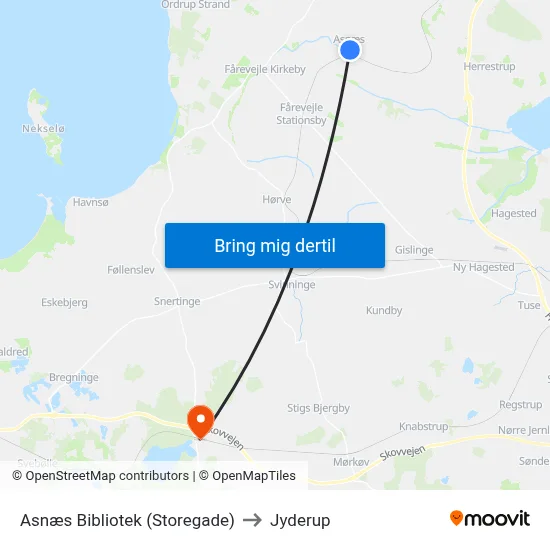 Asnæs Bibliotek (Storegade) to Jyderup map