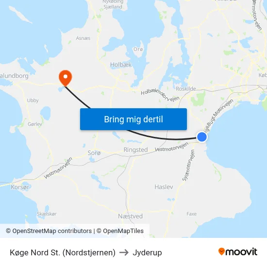 Køge Nord St. (Nordstjernen) to Jyderup map