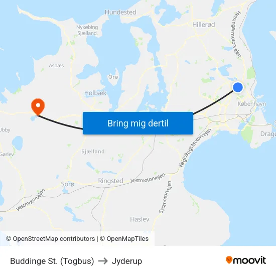 Buddinge St. (Togbus) to Jyderup map