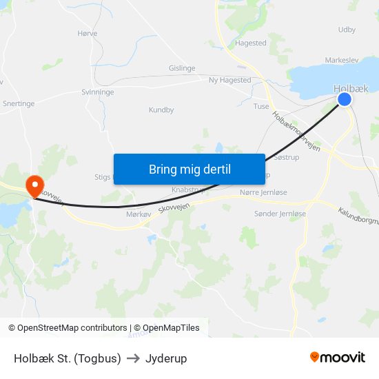 Holbæk St. (Togbus) to Jyderup map