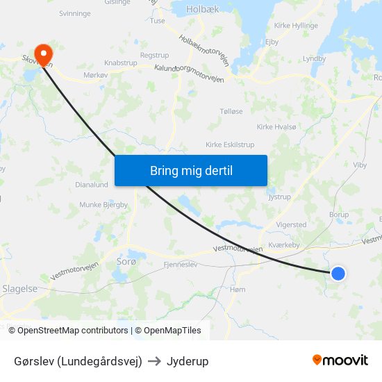 Gørslev (Lundegårdsvej) to Jyderup map