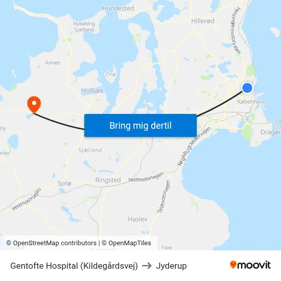 Gentofte Hospital (Kildegårdsvej) to Jyderup map