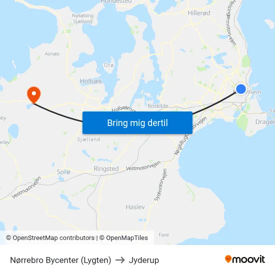 Nørrebro Bycenter (Lygten) to Jyderup map
