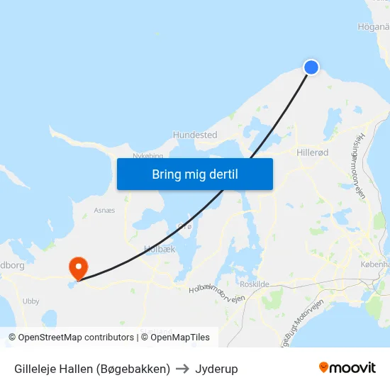 Gilleleje Hallen (Bøgebakken) to Jyderup map