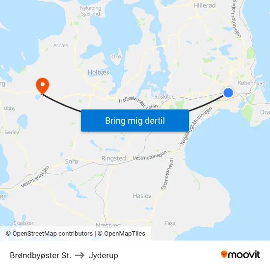 Brøndbyøster St. to Jyderup map