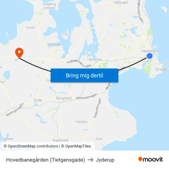 Hovedbanegården (Tietgensgade) to Jyderup map