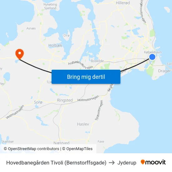 Hovedbanegården Tivoli (Bernstorffsgade) to Jyderup map