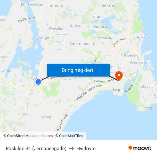 Roskilde St. (Jernbanegade) to Hvidovre map