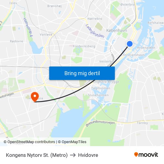 Kongens Nytorv St. (Metro) to Hvidovre map