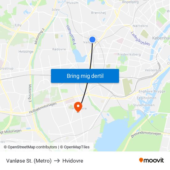 Vanløse St. (Metro) to Hvidovre map