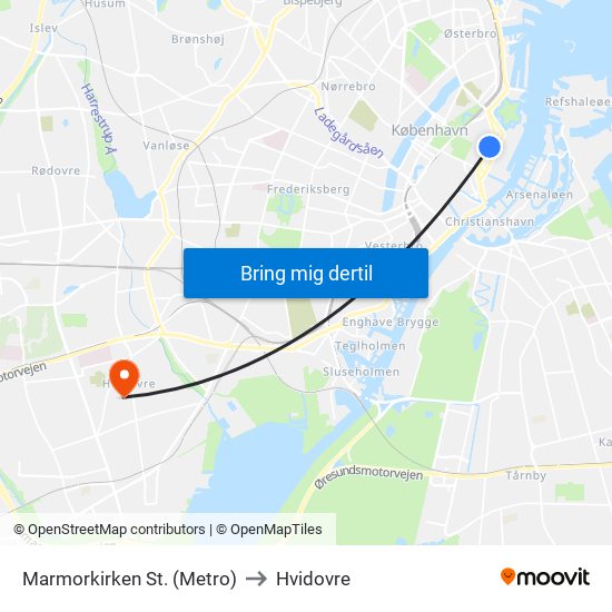 Marmorkirken St. (Metro) to Hvidovre map