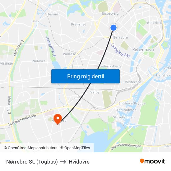 Nørrebro St. (Togbus) to Hvidovre map