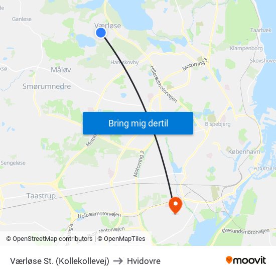 Værløse St. (Kollekollevej) to Hvidovre map