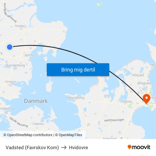 Vadsted (Favrskov Kom) to Hvidovre map