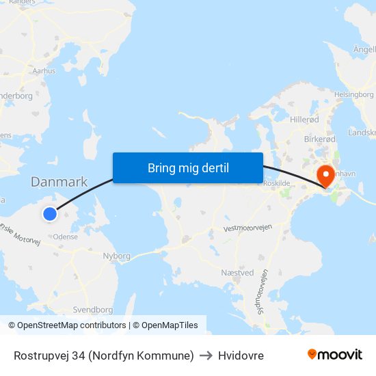 Rostrupvej 34 (Nordfyn Kommune) to Hvidovre map