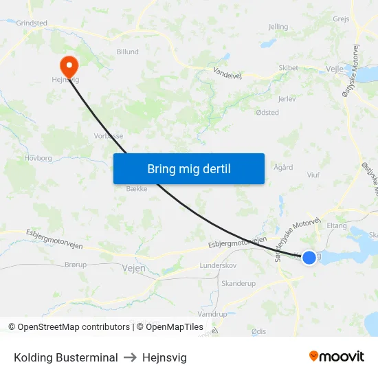 Kolding Busterminal to Hejnsvig map
