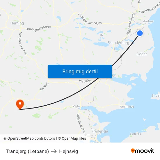 Tranbjerg (Letbane) to Hejnsvig map
