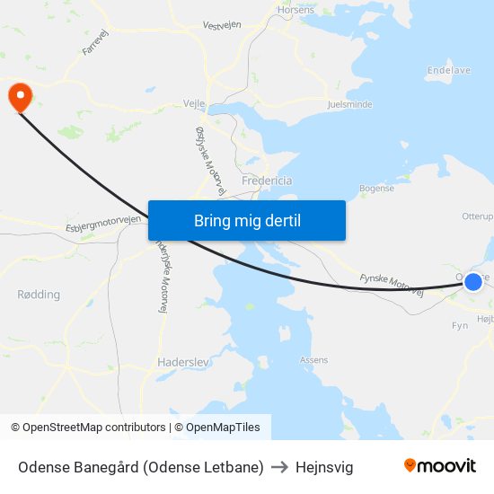 Odense Banegård (Odense Letbane) to Hejnsvig map