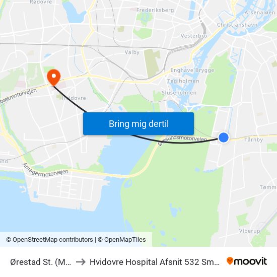Ørestad St. (Metro) to Hvidovre Hospital Afsnit 532 Smerteklinik map