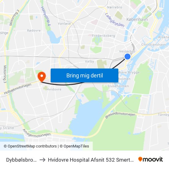 Dybbølsbro St. to Hvidovre Hospital Afsnit 532 Smerteklinik map