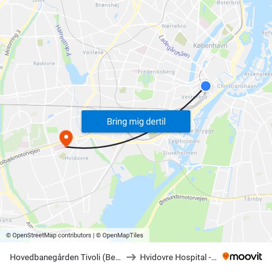 Hovedbanegården Tivoli (Bernstorffsgade) to Hvidovre Hospital - afsnit 115 map