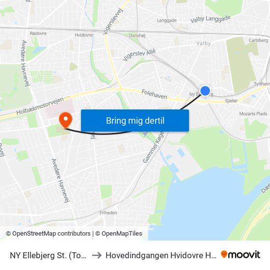 NY Ellebjerg St. (Togbus) to Hovedindgangen Hvidovre Hospital map