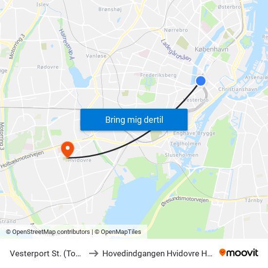 Vesterport St. (Togbus) to Hovedindgangen Hvidovre Hospital map