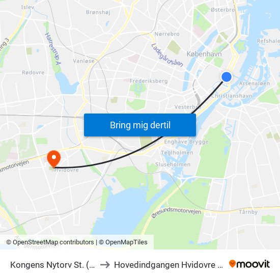 Kongens Nytorv St. (Metro) to Hovedindgangen Hvidovre Hospital map