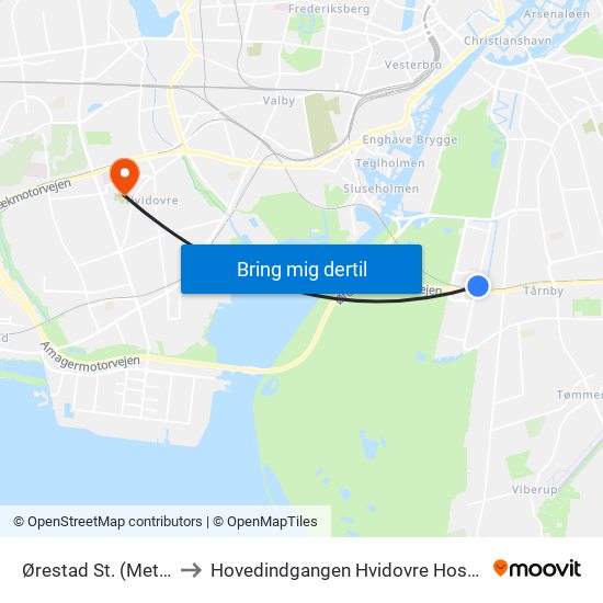 Ørestad St. (Metro) to Hovedindgangen Hvidovre Hospital map