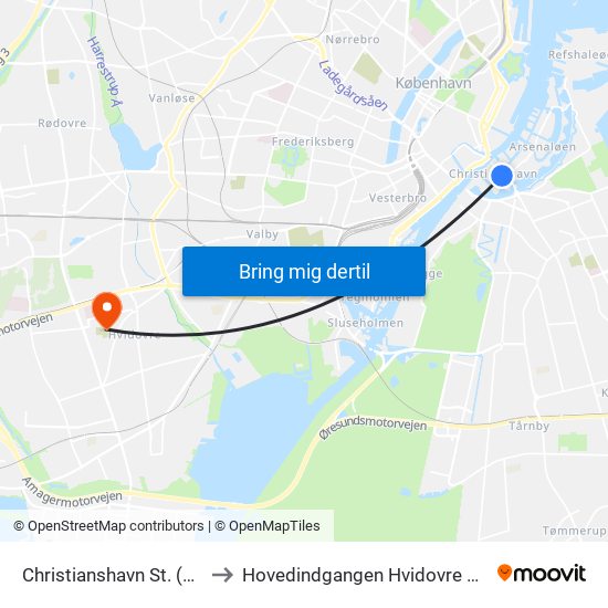 Christianshavn St. (Metro) to Hovedindgangen Hvidovre Hospital map