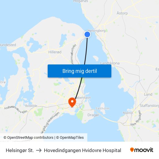 Helsingør St. to Hovedindgangen Hvidovre Hospital map