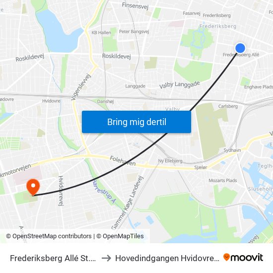 Frederiksberg Allé St. (Metro) to Hovedindgangen Hvidovre Hospital map