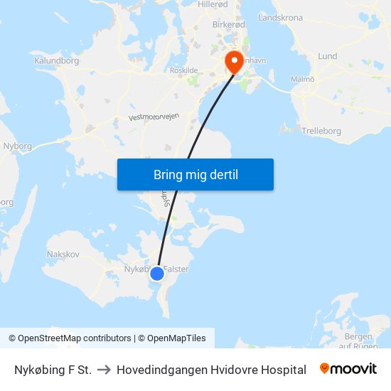 Nykøbing F St. to Hovedindgangen Hvidovre Hospital map