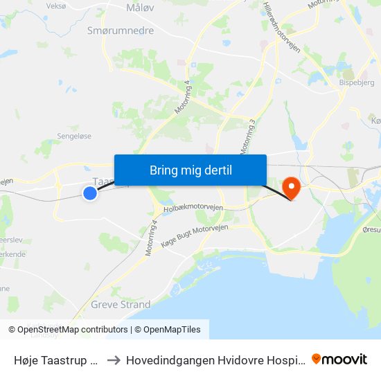 Høje Taastrup St. to Hovedindgangen Hvidovre Hospital map