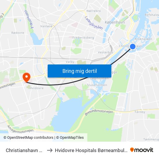 Christianshavn St. (Metro) to Hvidovre Hospitals Børneambulatorium Afd. 531 map