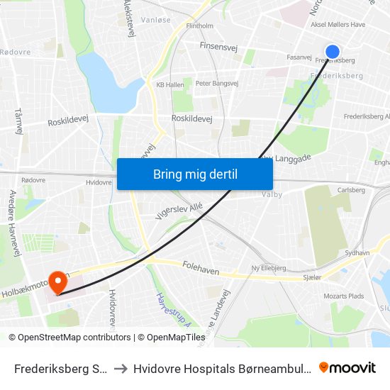 Frederiksberg St. (Metro) to Hvidovre Hospitals Børneambulatorium Afd. 531 map