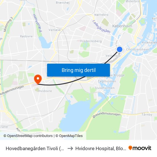 Hovedbanegården Tivoli (Bernstorffsgade) to Hvidovre Hospital, Blodprøvetagning map