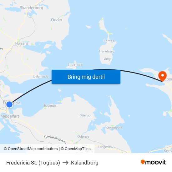 Fredericia St. (Togbus) to Kalundborg map