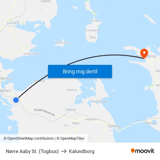 Nørre Aaby St. (Togbus) to Kalundborg map