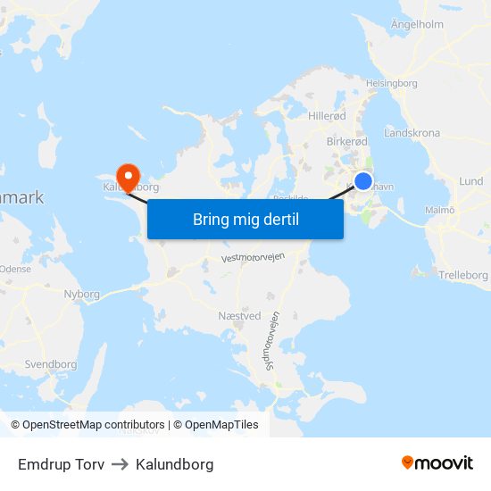 Emdrup Torv to Kalundborg map